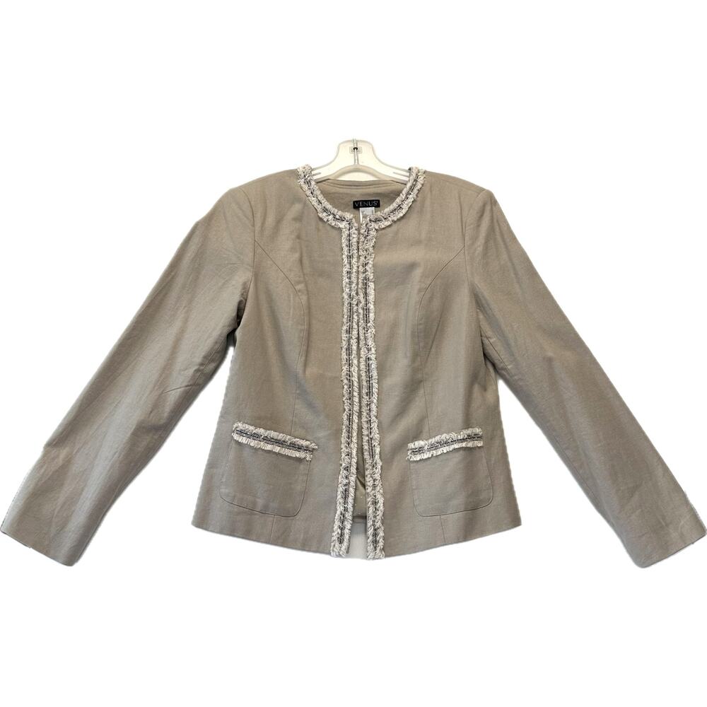 VENUS Linen Blend Blazer Jacket Women's Size 12 Beige with Fringe Details Career
